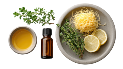 Herbs, oil, lemon on plate. Ingredients for natural remedy
