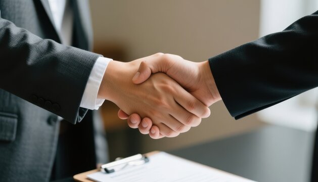 owner agreement management interest pricing concept. Handshaking gesture symbolizing agreement in a business setting.