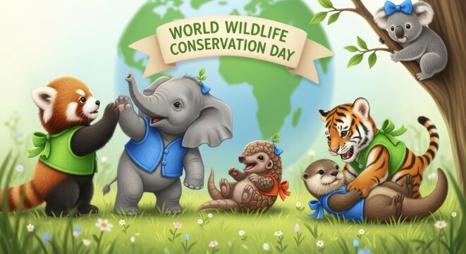 Diverse wildlife celebrating world wildlife conservation day with joyful unity and harmony for nature awareness - Powered by Adobe
