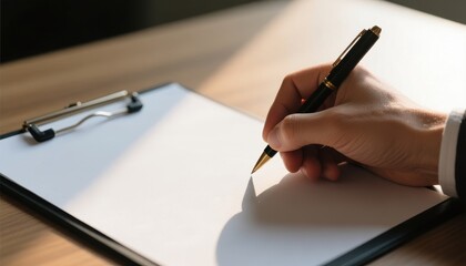 owner agreement management interest pricing concept. A hand writing on a blank clipboard in soft natural light.