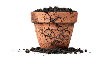  Cracked terracotta pot filled with rich dark soil showing rustic texture and natural gardening element isolated on white background