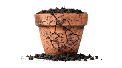  Cracked terracotta pot filled with rich dark soil showing rustic texture and natural gardening element isolated on white background