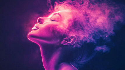 A human figure slowly dissolves into swirling neon smoke, symbolizing transformation, identity shift, fading boundaries, and the fusion of physical presence with vibrant ethereal energy.
