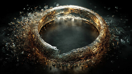 Shards of broken glass arranged into a perfect circle, creating a striking visual contrast of chaos and symmetry with reflective surfaces and sharp fragmented edges.