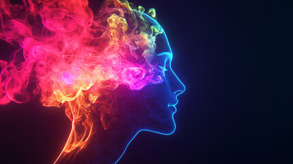 Fototapeta premium A human figure slowly dissolves into swirling neon smoke, symbolizing transformation, identity shift, fading boundaries, and the fusion of physical presence with vibrant ethereal energy. 