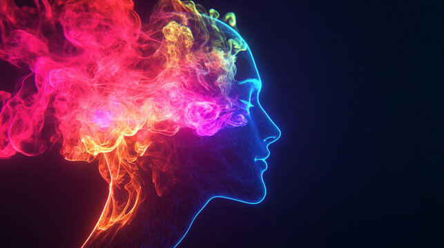 A human figure slowly dissolves into swirling neon smoke, symbolizing transformation, identity shift, fading boundaries, and the fusion of physical presence with vibrant ethereal energy.
