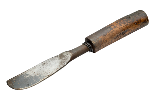 Vintage grafting knife isolated on transparent background, showcasing a weathered blade and wooden handle, used for plant propagation and horticultural practices
