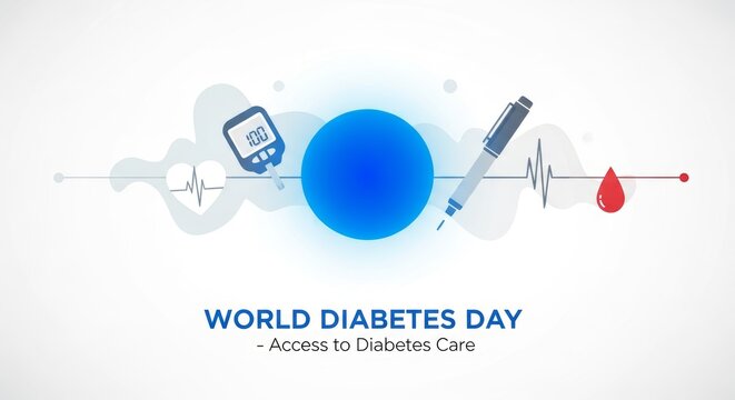 World Diabetes Day Illustration with Blue Circle, Glucose Meter, Insulin Pen, Heartbeat Line, and Blood Drop on Clean White Background Symbolizing Global Health Awareness - Powered by Adobe