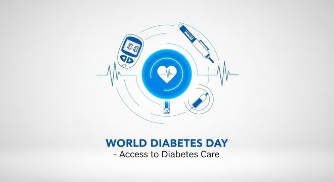 World Diabetes Day Illustration with Blue Circle and Medical Icons Representing Glucose Meter, Insulin Pen, and Heartbeat Line in Clean White Background. for awareness month