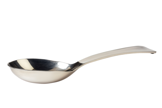 Silver ladle isolated on transparent background, a shiny kitchen utensil for serving soup or sauce, with a long handle and a deep bowl, perfect for elegant dining