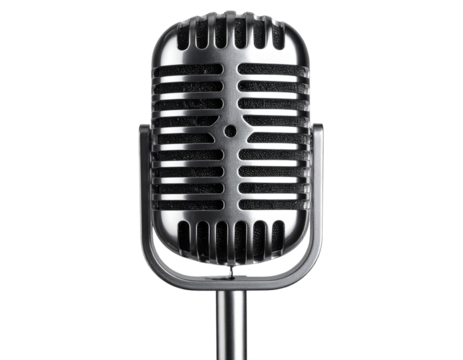 Untitled design - A classic chrome stage microp lines and polished metallic texture clearly visible, standing upright with simple studio lighting and no background, isolated on a transparent PNG.