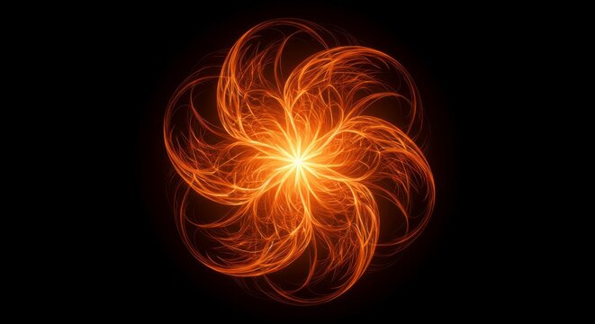 Radiant abstract floral pattern with dynamic golden light trails on black