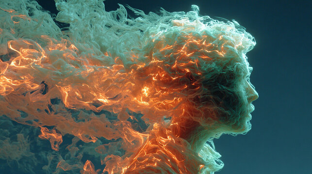 A human figure slowly dissolves into swirling neon smoke, symbolizing transformation, identity shift, fading boundaries, and the fusion of physical presence with vibrant ethereal energy.
