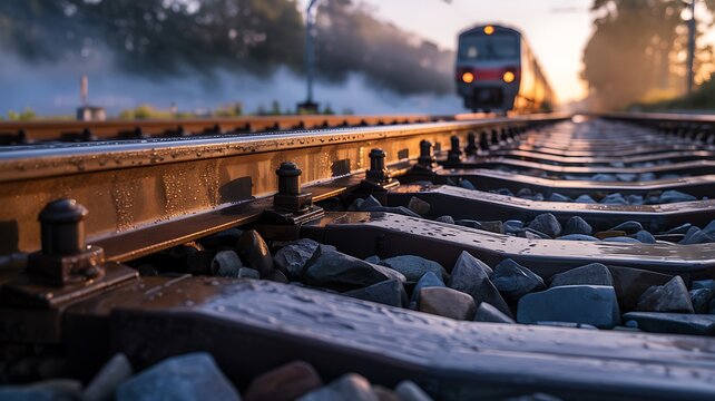 Low Angle View of Railway Tracks Leading into Distance on Overcast Day with Train Light