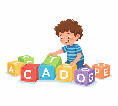 A cheerful little boy is sitting and playing with colorful alphabet blocks, learning letters and spelling words. This is a concept of early childhood education, learning through play, and development