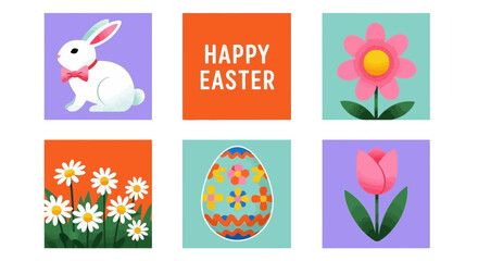 Delightful Easter Bunny, Egg, Flowers Vector Icons for Spring Celebration