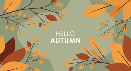 Hello Autumn background with falling leaves, branches on green background vector