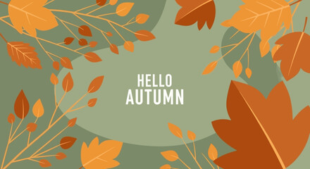 Obraz premium Autumnal Leaves Background Illustration with Warm Colors and 'Hello Autumn' Text
