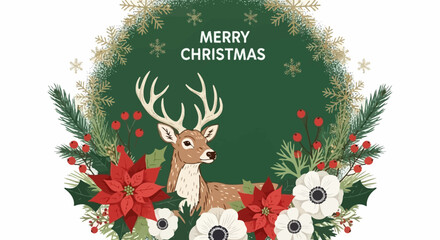 Festive Holiday Deer Illustration with Floral Wreath for Christmas Decor © Adit