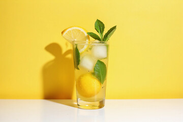 Fresh citrus mojito with lemon, mint and ice on a white yellow background with shadow. Summer trendy lemonade mocktail drink concept for bar menu or advertising. Front view, copy space.