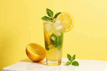 Fresh citrus mojito with lemon, mint and ice on a white yellow background with shadow. Summer trendy lemonade mocktail drink concept for bar menu or advertising. Front view, copy space.