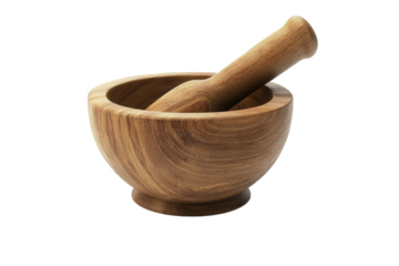 Wooden mortar and pestle isolated on transparent background, a classic kitchen tool for crushing spices, showcasing its simple design and natural wood texture