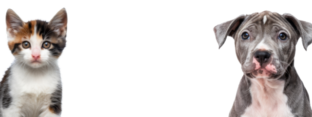 cute kitten and puppy face isolated on white background.