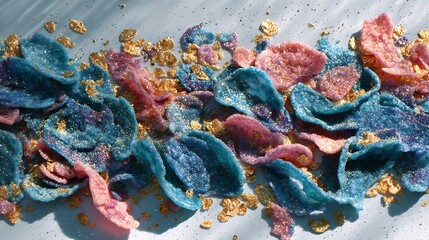 Close up of blue and pink cereal flakes with gold pieces scattered on a light blue surface