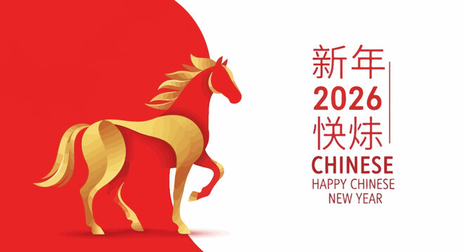 Golden Horse Illustration Celebrating Chinese New Year 2026 on a Red and White Background