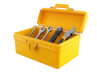 A yellow plastic toolbox isolated on transparent background, showcasing an assortment of tools, symbolizing preparedness, maintenance, and diy projects for home improvement