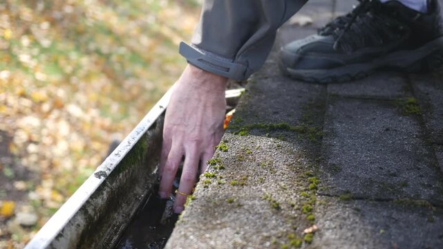 Man Cleans Ugly Old Mossy Full Gutter