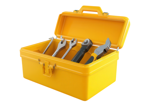 A yellow plastic toolbox isolated on transparent background, showcasing an assortment of tools, symbolizing preparedness, maintenance, and diy projects for home improvement