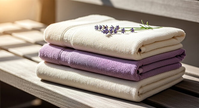 Stack of fresh clean towels with lavender sprigs symbolizing relaxation and comfort.