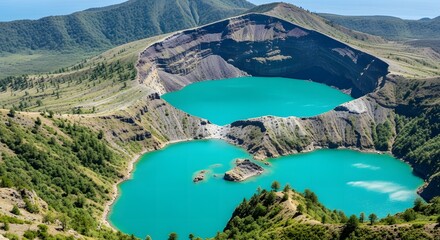 Aerial view of a volcanic crater featuring multiple vibrant turquoise lakes nestled within a lush, mountainous landscape.