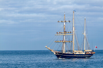 Tall Ship STS Leeuwin II motoring at sea.
