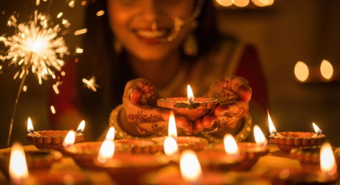 Festive diwali celebration with lit diyas and sparkler focus on joy and tradition