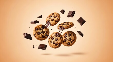 Delicious chocolate chip cookies floating in mid-air surrounded by chunks of dark chocolate against a warm orange background