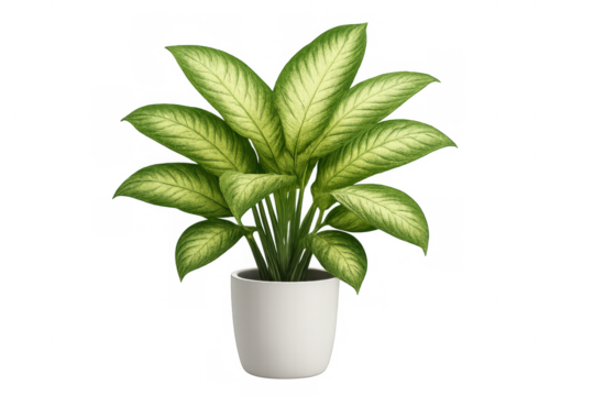 Dieffenbachia plant with variegated green leaves in a white pot, bringing natural decor and fresh botanical elements indoors, transparent background - Powered by Adobe
