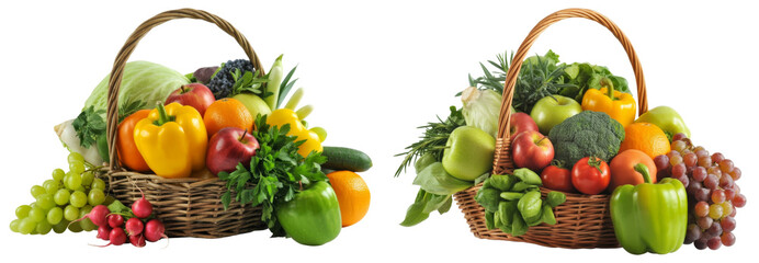 fresh fruits and vegetables in wicker baskets.
