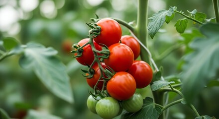 Fresh Red and Green Tomatoes Growing on a Vine in a Garden