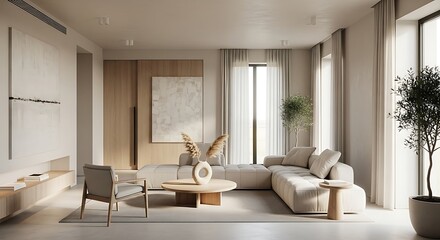 Fototapeta premium Elegant and Modern Living Room Interior Minimalist Design with Natural Light and Comfort