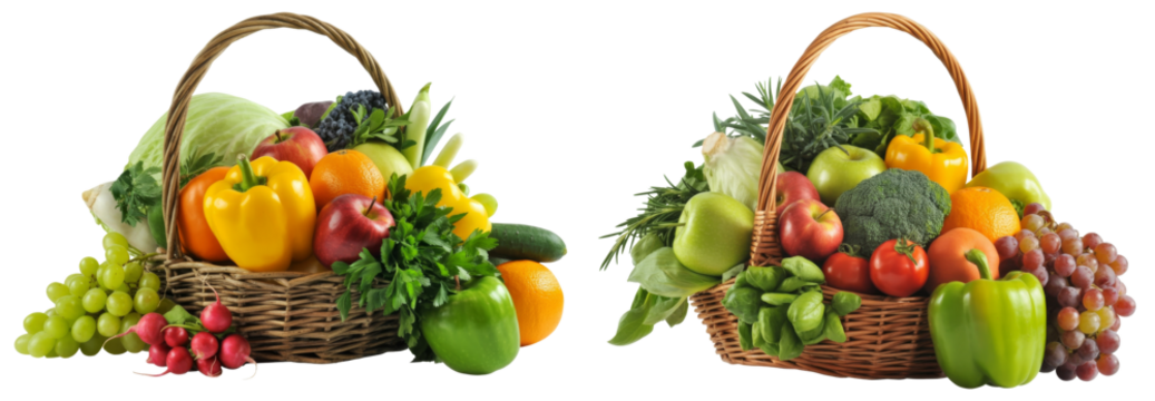 fresh fruits and vegetables in wicker baskets.