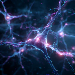 Neural Network Connections with Glowing Synapses in Dark Background