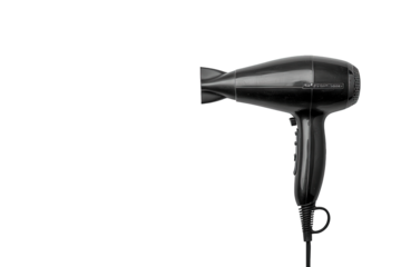A sleek black hair dryer isolated on transparent background, showcasing its ergonomic design and highlighting its functionality for modern hair styling needs