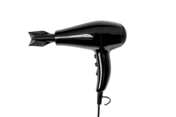 A conceptual black hair dryer resembling a bomb isolated on transparent background, symbolizing the explosive power and potential danger of modern beauty standards