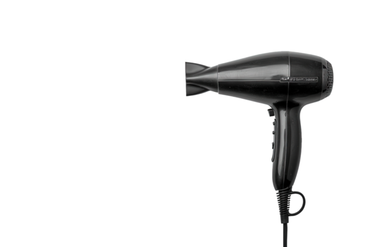 A sleek black hair dryer isolated on transparent background, showcasing its ergonomic design and highlighting its functionality for modern hair styling needs