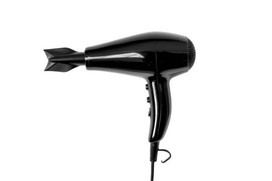 A conceptual black hair dryer resembling a bomb isolated on transparent background, symbolizing the explosive power and potential danger of modern beauty standards