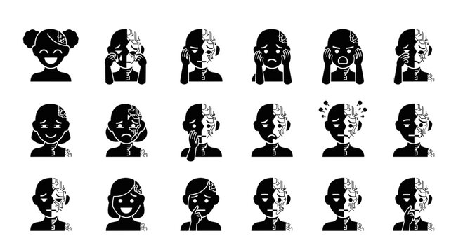 Diverse human emotions depicted with half-human half-circuitry faces showing distress and joy