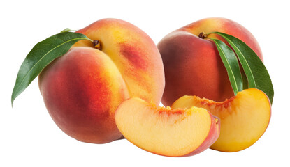 fresh peaches with slice and leaves on white background.