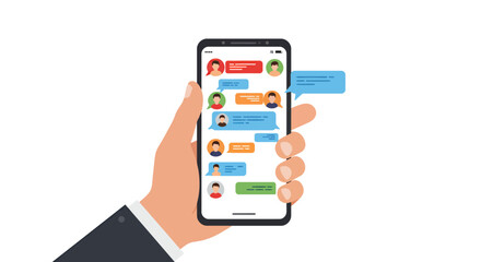 Illustration of a hand holding a smartphone with a messaging app interface, showcasing modern communication and digital connectivity in a clean, vector style.
